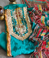 Crepe Digital Printed Unstitched Suit with Gotta Highlighting & Neck Work